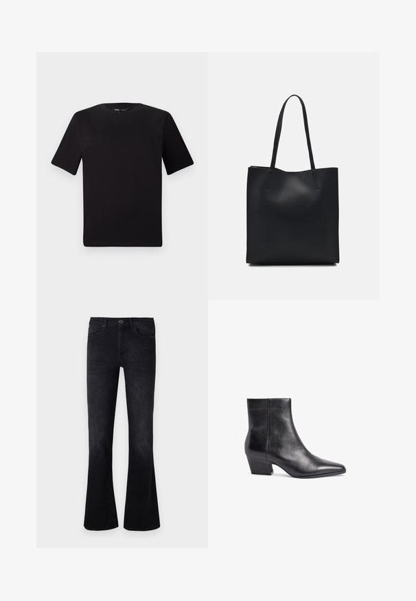 Camiseta negra de manga corta con cuello redondo, fabricada en suave algodón. Diseño simple, sin logos ni patrones visibles.; Jeans de campana negros hechos de denim, con una cintura de altura media, adornos en la parte delantera y un diseño clásico de cinco bolsillos.; Bota de cuero negra hasta el tobillo con puntera afilada, tacón medio y textura suave. Presenta un diseño minimalista y no tiene herrajes visibles.; Bolso tote de cuero negro con textura lisa, forma rectangular y dos asas largas. Sin herrajes ni adornos visibles.