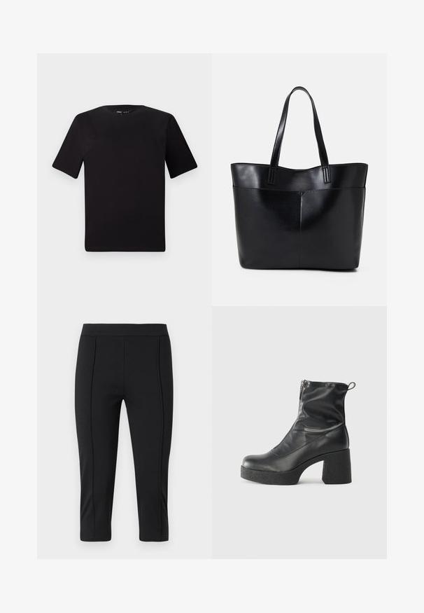 Melnas īsām piedurknēm T-krekls ar apaļu kakla izgriezumu, izgatavots no mīksta kokvilnas auduma. Vienkāršs dizains, bez redzamām logo vai rakstiem.; Melnas kapri bikses, izgatavotas no izstiepjama auduma ar gludu tekstūru, ar pieguļošu jostasvietu un šuvju detaļām pie priekšpuses.; Melni potītes zābaki, kas izgatavoti no gludas ādas, ar sānu rāvējslēdzēju, masīvu strukturētu papēdi un noapaļotu purngalu.; Melnas ādas iepirkumu soma ar divām garām rokturām, gludu tekstūru un strukturētu formu. Iekļauj priekšējo kabatu papildu uzglabāšanai.