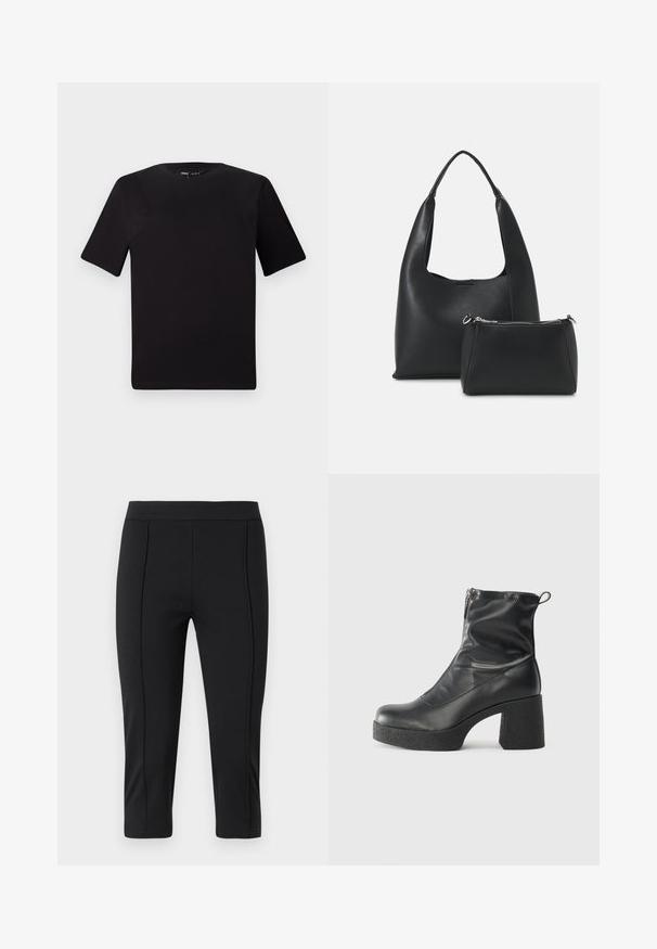 Černé tričko s krátkým rukávem a kulatým výstřihem, vyrobené z měkké bavlněné látky. Jednoduchý design, žádné viditelné logo nebo vzory.; Černé capri kalhoty vyrobené z elastického materiálu s hladkou texturou, s vypasovaným pasem a švy podél přední části.; Černé kotníkové boty vyrobené z hladké kůže, s bočním zipem, robustním strukturovaným podpatkem a kulatou špičkou.; Even&Odd Kabelka - black