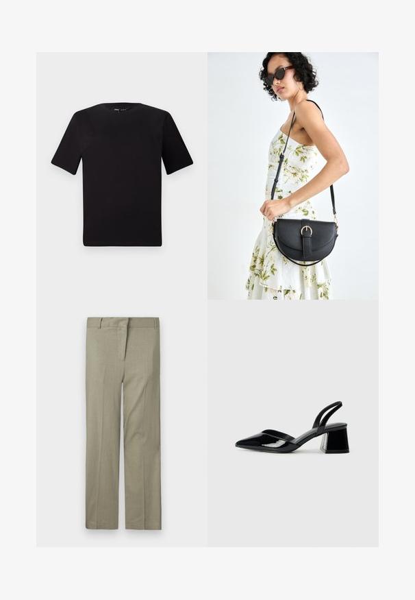 Čierne tričko s krátkym rukávom a okrúhlym výstrihom, vyrobené z mäkkej bavlny. Jednoduchý dizajn, bez viditeľných log alebo vzorov.; Svetlo olivové nohavice, strih na mieru, s plochým predným dielom, dvoma bočnými vreckami a hladkou, textúrovanou tkaninou. Žiadne viditeľné vzory ani akcenty.; Čierne lakované kožené sandálové podpätky s špicatou špičkou a geometrickým blokovým podpätkom. Disponujú elegantným, minimalistickým dizajnom a hladkým povrchom.; Čierna kožená kabelka s zaobleným tvarom, odnímateľným popruhom a zlatými doplnkami. Kabelka má klopu s detailom s prackou.