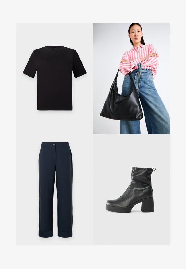 Black short-sleeve t-shirt with a round neckline, crafted from soft cotton fabric. Simple design, no visible logos or patterns.; Navy blue tailored pants with a straight cut, featuring a button closure and cuffed hems, crafted from a smooth, lightweight fabric.; Black ankle boots made of smooth leather, featuring a side zipper, chunky textured heel, and rounded toe design.; Black leather shoulder bag with a slouchy shape and seam details. Model wears a pink and white striped shirt with wide-leg blue jeans.