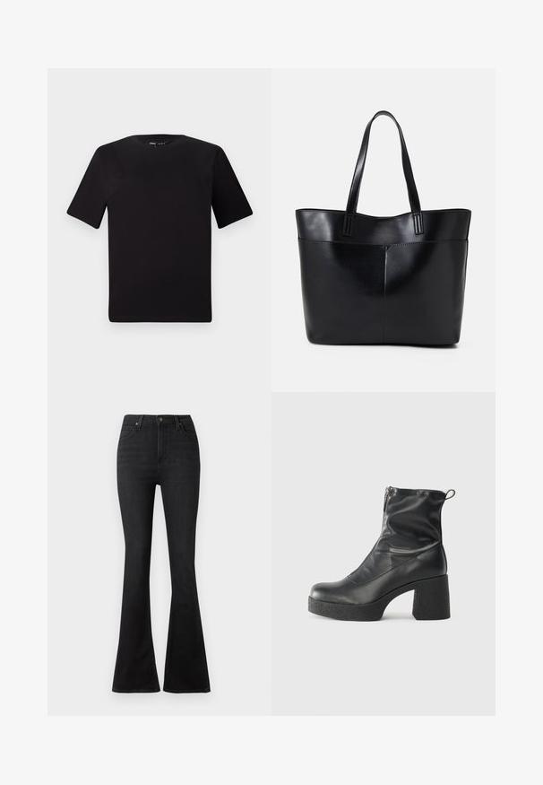 Czarna koszulka z krótkim rękawem o okrągłym dekolcie, wykonana z miękkiej bawełny. Prosty design, bez widocznych logo ani wzorów.; Czarne dżinsy w stylu dzwonów, wykonane z denimu, z wysokim stanem, przednimi kieszeniami oraz klasycznym pięciokieszeniowym wzorem i metalowymi guzikami.; Czarne botki za kostkę wykonane z gładkiej skóry, wyposażone w boczny zamek błyskawiczny, masywny teksturowany obcas oraz zaokrąglony czubek.; Czarna skórzana torba na ramię z dwoma długimi uchwytami, gładką teksturą i sztywną formą. Posiada przednią kieszeń dla dodatkowego przechowywania.