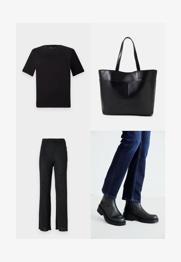 Juodas trumpas rankovės marškinėlis su apvaliu iškirpimu, pagamintas iš minkštos medvilnės medžiagos. Paprastas dizainas, be matomų logotipų ar raštų.; Juodos, blizgios kaspinu mezginiai platėjantys kelnės su elastiniu juosmeniu; pasižymi minkšta tekstūra ir subtiliomis blizgančiomis detalėmis visame paviršiuje.; Juoda odinė kulkšninių botų su storu padu ir šoninėmis elastinėmis detalėmis, derinama su tamsiai mėlynomis džinsais. Žemė šviesios spalvos.; Juoda odinė rankinė su dviem ilgais diržais, lygiu paviršiumi ir struktūrizuota forma. Yra priekinė kišenė papildomam saugojimui.