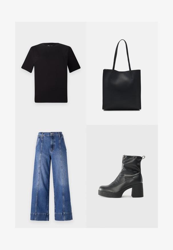 T-shirt preta de mangas curtas com decote redondo, feita de tecido de algodão suave. Design simples, sem logótipos ou padrões visíveis.; Jean de ganga azul de perna larga com uma cintura alta, apresentando um fecho de botão, bolsos frontais e costura visível ao longo das costuras laterais.; Botas de tornozelo pretas feitas de couro liso, com fecho lateral, salto grosso texturizado e design de bico arredondado.; Bolsa tote preta em couro com textura lisa, forma retangular e duas alças longas. Sem hardware ou enfeites visíveis.