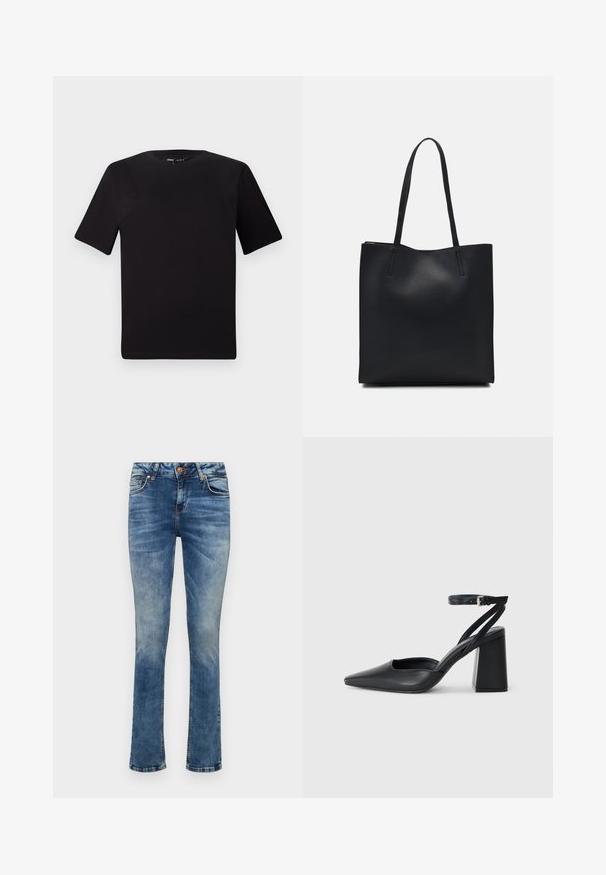 Camiseta negra de manga corta con cuello redondo, fabricada en suave algodón. Diseño simple, sin logos ni patrones visibles.; Jeans de mezclilla azul claro con un diseño de pierna recta, que cuentan con un cierre frontal con botón, cinco bolsillos y un ligero desgastado.; Zapato de tacón puntiagudo de cuero negro con tira en el tobillo y tacón ancho. Textura plana, diseño elegante y estética minimalista.; Bolso tote de cuero negro con textura lisa, forma rectangular y dos asas largas. Sin herrajes ni adornos visibles.
