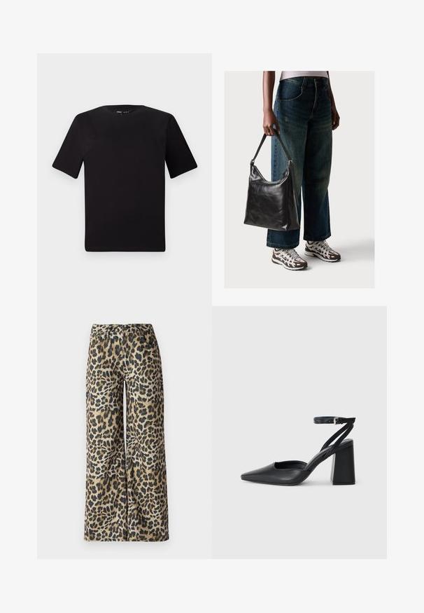 Černé tričko s krátkým rukávem a kulatým výstřihem, vyrobené z měkké bavlněné látky. Jednoduchý design, žádné viditelné logo nebo vzory.; Kalhoty širokého střihu s leopardím potiskem z měkké tkaniny, s černými a hnědými skvrnami na béžovém pozadí. Pět kapes a zapínání na knoflík.; Černé kožené lodičky se špičatou špičkou, kotníkovým páskem a silným podpatkem. Hladká textura, elegantní design a minimalistická estetika.; Černá kožená kabelka přes rameno se hladkým povrchem a nastavitelným popruhem, spárovaná s vybledlými džínami širokého střihu a sportovními teniskami.