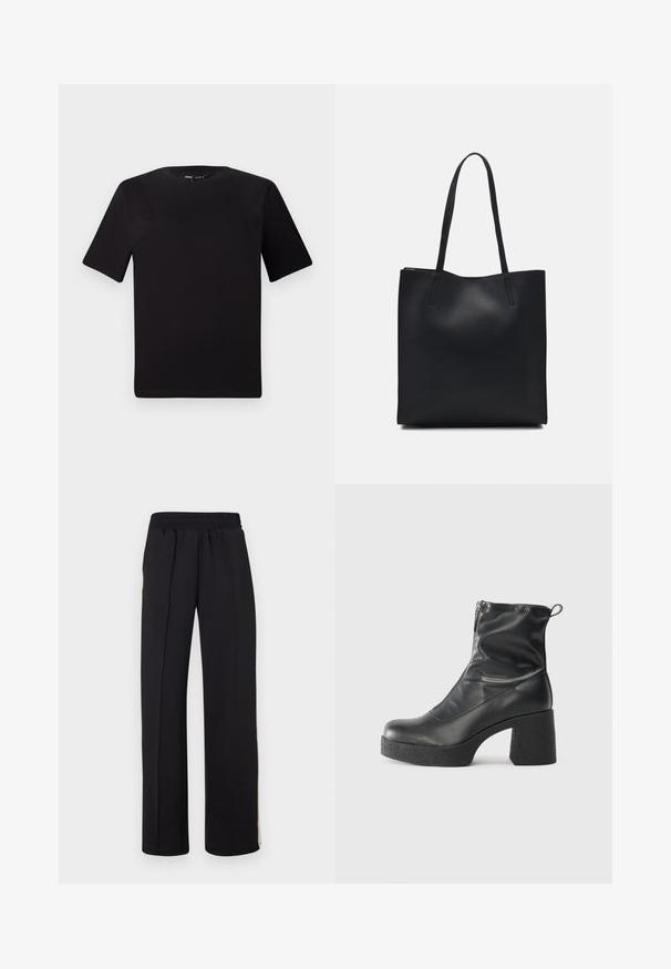Fekete, rövid ujjú póló, kerek nyakkal, puha pamutból készült. Egyszerű dizájn, nincs látható logó vagy minta.; Fekete, bő, széles szárú nadrág, rugalmas, elasztikus derékkal és sima felülettel. Nincsenek látható minták vagy díszítések.; Fekete bokacsizmák sima bőrből, oldalsó cipzárral, vastag, texturált sarkú és lekerekített orrú dizájnnal.; Fekete bőrtáska sima felszínnel, téglalap alakú, két hosszú füllel. Nincs látható fémkiegészítő vagy díszítés.