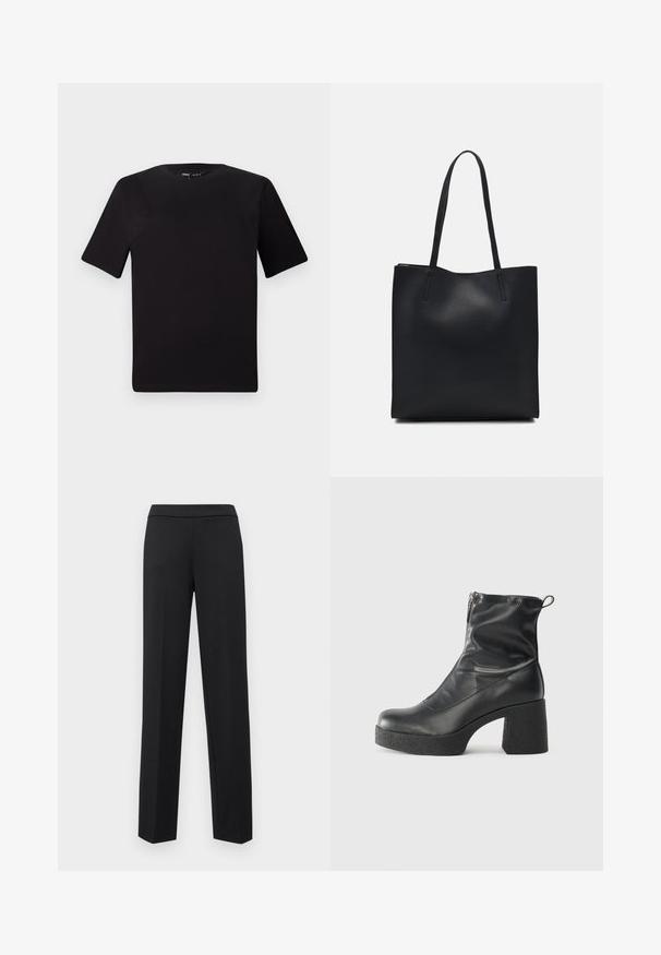 Juodas trumpas rankovės marškinėlis su apvaliu iškirpimu, pagamintas iš minkštos medvilnės medžiagos. Paprastas dizainas, be matomų logotipų ar raštų.; ONLY ONLPEACH LIFE PULL UP PANT - Kelnės - black; Juodos kulkšninių botai, pagaminti iš lygaus odos, su šoniniu užtrauktuku, masyviu tekstūruotu kulnu ir apvaliu pirštu.; Juodas odinis tote krepšys su lygia tekstūra, stačiakampio formos ir dviem ilgais rankenomis. Matomų metalinių detalių ar puošybos nėra.
