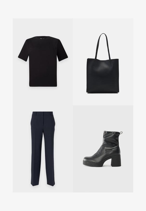 Schwarzes T-Shirt mit kurzen Ärmeln und Rundhalsausschnitt, aus weichem Baumwollmaterial gefertigt. Schlichtes Design, keine sichtbaren Logos oder Muster.; Marineblaue maßgeschneiderte Hosen mit geradem Schnitt, glatter Textur und flacher Vorderseite. Verfügt über zwei Seitentaschen und ein klassisches Taillenbanddesign.; Schwarze Stiefeletten aus glattem Leder mit seitlichem Reißverschluss, klobigem strukturiertem Absatz und runder Zehenform.; Schwarze Laptoptasche aus Leder mit glatter Textur, rechteckiger Form und zwei langen Griffen. Keine sichtbaren Beschläge oder Verzierungen.