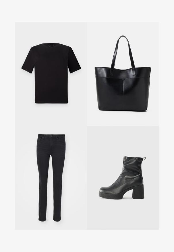 Tricou scurt negru cu mânecă scurtă și guler rotund, realizat dintr-un material de bumbac moale. Design simplu, fără logo-uri sau modele vizibile.; Jeans din denim negru cu o croială slim, având cinci buzunare, fermoar și accente de accesorii argintii. Textură netedă cu o decolorare minimă.; Bocanci negri de glezna din piele netedă, cu fermoar lateral, toc texturat și masiv, și design cu vârf rotund.; Geantă oversized din piele neagră, cu două mânere lungi, de textură netedă și formă structurată. Are un buzunar frontal pentru stocare suplimentară.