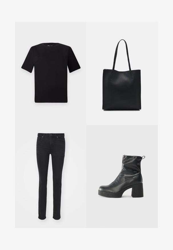 Melnas īsām piedurknēm T-krekls ar apaļu kakla izgriezumu, izgatavots no mīksta kokvilnas auduma. Vienkāršs dizains, bez redzamām logo vai rakstiem.; Melnas denima bikses ar šauru piegriezumu, ar piecām kabatām, ar rāvējslēdzēju un sudraba detaļām. Gluda virsma ar minimālu izbalēšanu.; Melni potītes zābaki, kas izgatavoti no gludas ādas, ar sānu rāvējslēdzēju, masīvu strukturētu papēdi un noapaļotu purngalu.; Melnas ādas somiņa ar gludu tekstūru, taisnstūra formu un divām garām rokturiem. Nav redzamu aparatūras vai rotājumu.