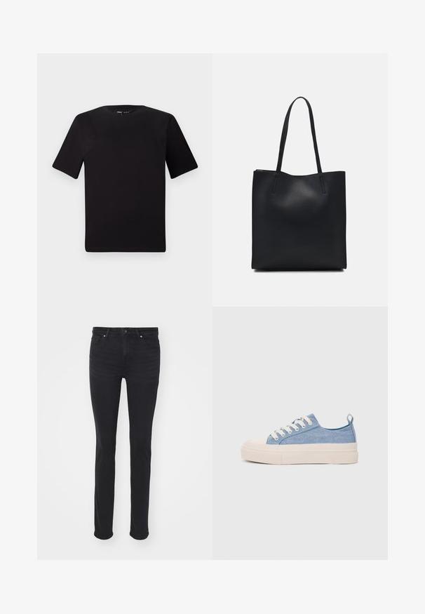 Melnas īsām piedurknēm T-krekls ar apaļu kakla izgriezumu, izgatavots no mīksta kokvilnas auduma. Vienkāršs dizains, bez redzamām logo vai rakstiem.; Melnas denima bikses ar šauru piegriezumu, ar piecām kabatām, ar rāvējslēdzēju un sudraba detaļām. Gluda virsma ar minimālu izbalēšanu.; Gaiši zili kanvas sneakeri ar krēmkrāsas gumijas pirksta aizsargu un ārējo zoli, aprīkoti ar baltām šņorēm un cilpu uz papēža.; Melnas ādas somiņa ar gludu tekstūru, taisnstūra formu un divām garām rokturiem. Nav redzamu aparatūras vai rotājumu.