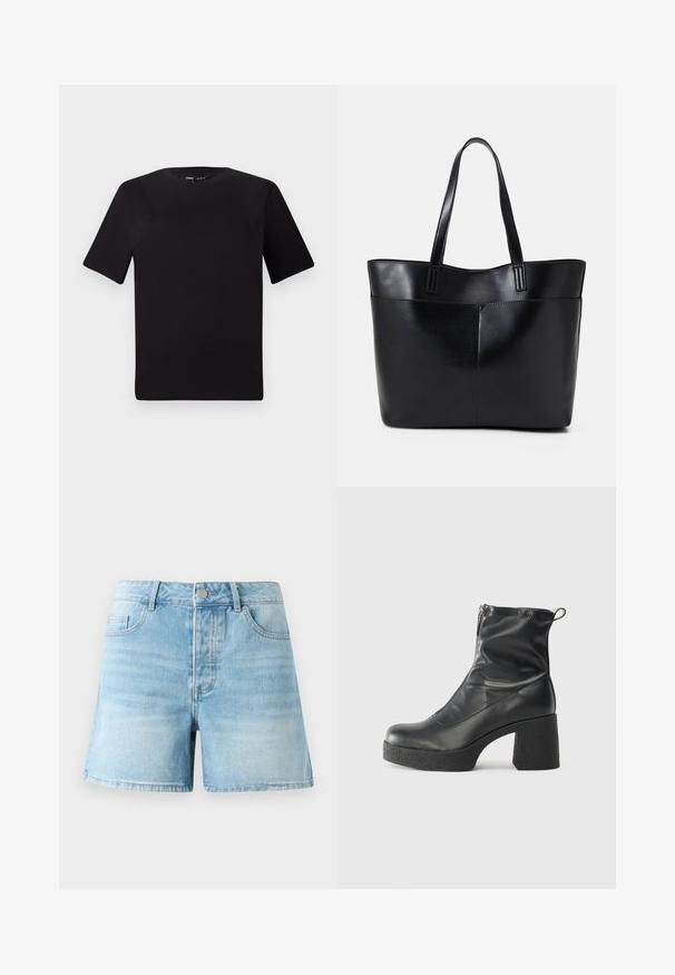 Juodas trumpas rankovės marškinėlis su apvaliu iškirpimu, pagamintas iš minkštos medvilnės medžiagos. Paprastas dizainas, be matomų logotipų ar raštų.; Šviesiai mėlyni džinsiniai šortai su klasikiniu kirpimu, pasižymintys priekinėmis kišenėmis, metaliniu užsegimu ir subtiliu audinio nudilimu.; Juodos kulkšninių botai, pagaminti iš lygaus odos, su šoniniu užtrauktuku, masyviu tekstūruotu kulnu ir apvaliu pirštu.; Juoda odinė rankinė su dviem ilgais diržais, lygiu paviršiumi ir struktūrizuota forma. Yra priekinė kišenė papildomam saugojimui.