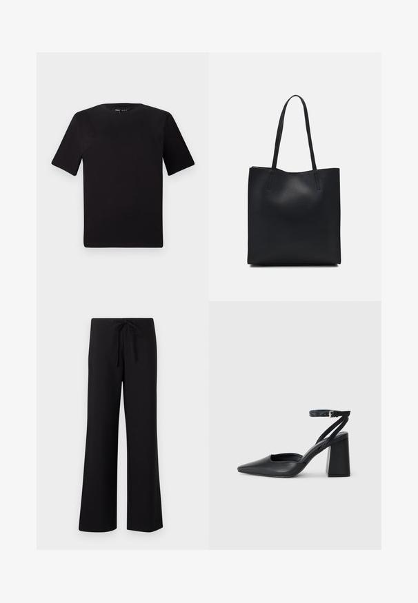 Fekete, rövid ujjú póló, kerek nyakkal, puha pamutból készült. Egyszerű dizájn, nincs látható logó vagy minta.; Fekete, bővített nadrág puha anyagból, húzózsinórral ellátott derékkal és sima textúrával, a kényelem és sokoldalúság érdekében tervezve.; Fekete bőr, hegyes orrú magassarkú cipő boka pánttal és vastag sarokkal. Sima textúra, elegáns dizájn és minimális esztétika.; Fekete bőrtáska sima felszínnel, téglalap alakú, két hosszú füllel. Nincs látható fémkiegészítő vagy díszítés.