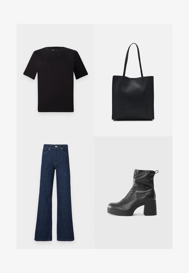 Black short-sleeve t-shirt with a round neckline, crafted from soft cotton fabric. Simple design, no visible logos or patterns.; Wide-leg dark blue denim jeans with a high waist, featuring visible stitching and a front button closure.; Black ankle boots made of smooth leather, featuring a side zipper, chunky textured heel, and rounded toe design.; Black leather tote bag with smooth texture, rectangular shape, and two long handles. No visible hardware or embellishments.
