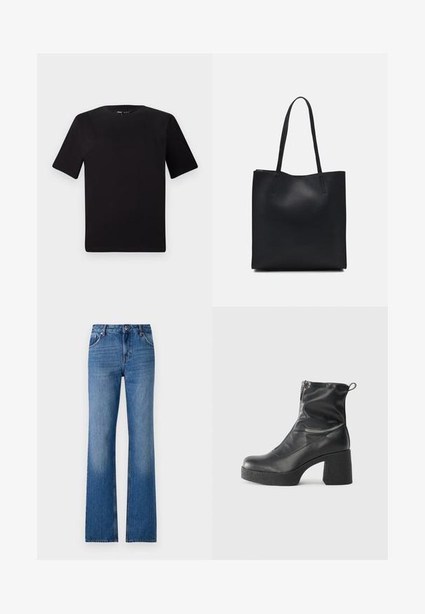 Camiseta negra de manga corta con cuello redondo, fabricada en suave algodón. Diseño simple, sin logos ni patrones visibles.; Jeans de mezclilla de tiro flaco en azul claro con diseño de cinco bolsillos, cierre de botón y textura ligeramente descolorida. Abertura de pierna ancha distintiva.; Botines negros de tobillo, hechos de cuero suave, con cierre lateral, tacón grueso texturizado y diseño de punta redondeada.; Bolso tote de cuero negro con textura lisa, forma rectangular y dos asas largas. Sin herrajes ni adornos visibles.