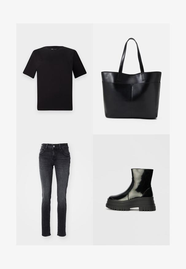 T-shirt preta de mangas curtas com decote redondo, feita de tecido de algodão suave. Design simples, sem logótipos ou padrões visíveis.; Calças skinny pretas com design de cinco bolsos, ligeira descoloração e detalhes desgastados na parte da frente. Feitas de tecido de denim com uma textura suave.; Bota de tornozelo preta e brilhante com sola grossa e arredondada, vista lateral sobre fundo cinza claro.; Bolsa tote preta em couro com duas alças longas, textura suave e forma estruturada. Apresenta um bolso frontal para armazenamento adicional.