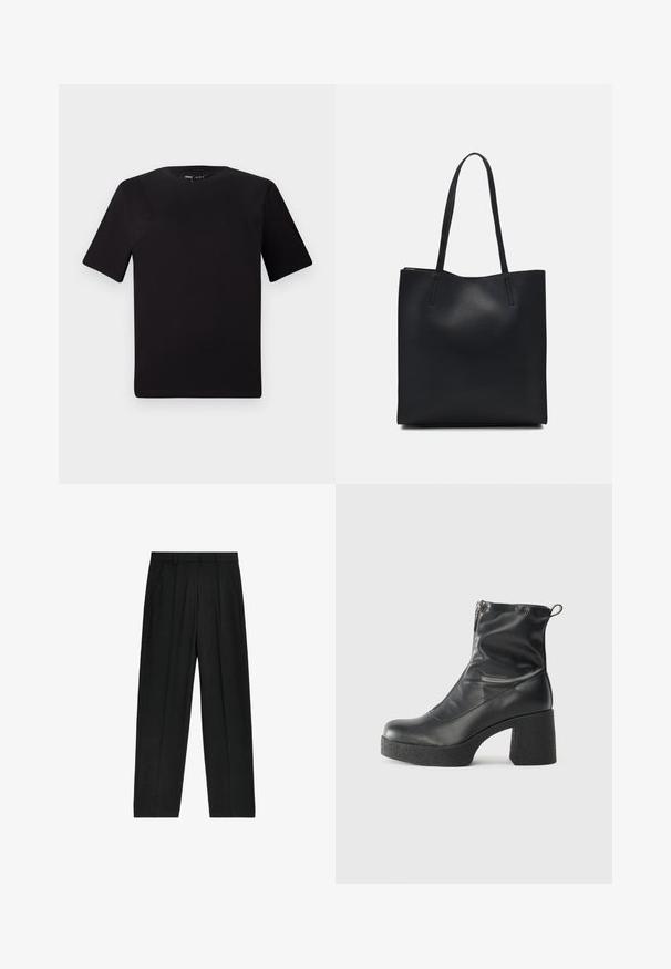 Camiseta negra de manga corta con cuello redondo, fabricada en suave algodón. Diseño simple, sin logos ni patrones visibles.; Pantalones negros de talle alto con un diseño de pierna recta, con pliegues y bolsillos laterales, confeccionados en una tela ligera.; Botines negros de tobillo, hechos de cuero suave, con cierre lateral, tacón grueso texturizado y diseño de punta redondeada.; Bolso tote de cuero negro con textura lisa, forma rectangular y dos asas largas. Sin herrajes ni adornos visibles.