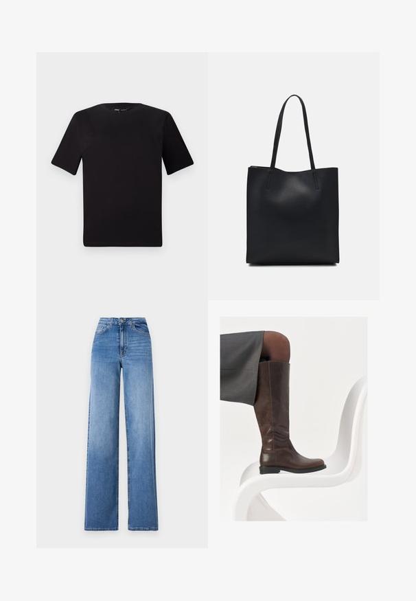 T-shirt preta de mangas curtas com decote redondo, feita de tecido de algodão suave. Design simples, sem logótipos ou padrões visíveis.; Jeans de perna larga azul claro feitos de denim, com cintura alta, bolsos frontais e fecho de botão padrão. Textura suave.; Bota de couro castanha até ao joelho com bico arredondado, textura suave e detalhes de costura mínimos, colocada contra um fundo claro em uma cadeira branca.; Bolsa tote preta em couro com textura lisa, forma retangular e duas alças longas. Sem hardware ou enfeites visíveis.