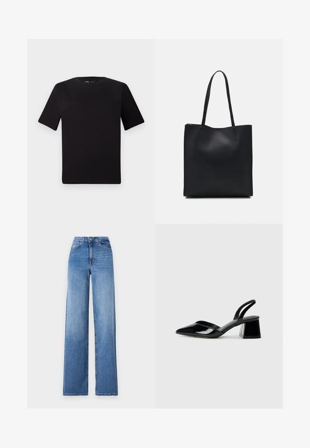 Svart t-skjorte med korte ermer og rund hals, laget av mykt bomullsstoff. Enkelt design, ingen synlige logoer eller mønstre.; Lyseblå vidjeans laget av denim, med høy midje, frontlommer og standard knappefeste. Jevn tekstur.; Svarte patentlær slingback hæler med spiss tå og geometrisk blokk hæl. Har et stilrent, minimalistisk design og jevn tekstur.; Svart lær tote bag med glatt tekstur, rektangulær form og to lange håndtak. Ingen synlige deler eller dekorasjoner.
