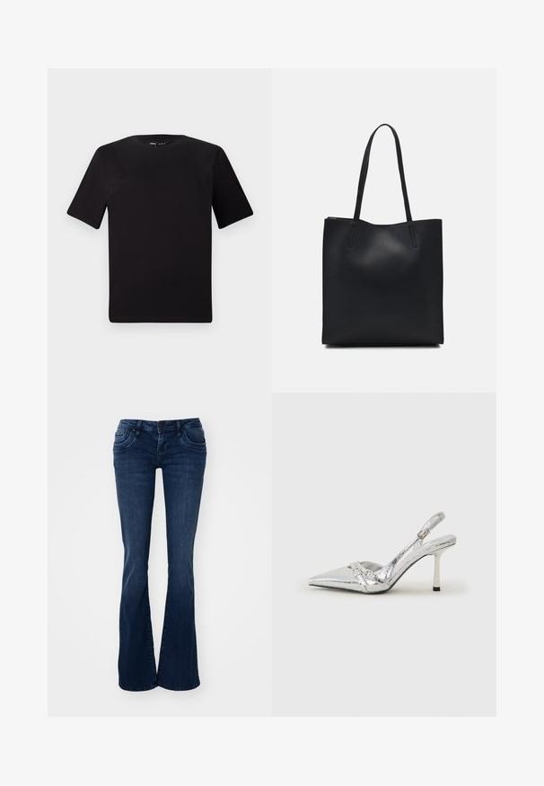 Juodas trumpas rankovės marškinėlis su apvaliu iškirpimu, pagamintas iš minkštos medvilnės medžiagos. Paprastas dizainas, be matomų logotipų ar raštų.; Tamsiai mėlynos plačios džinsinės kelnės, pagamintos iš džinsinio audinio, su priekinėmis kišenėmis, segtuku uždarymu ir lygiu paviršiumi.; Sidabriniai slingback aukštakulniai batai su smailia pavadinimu, metaliniu paviršiumi, dviem dekoratyvinėmis juostelėmis ir lieknu kulnu su juodu galiuku.; Juodas odinis tote krepšys su lygia tekstūra, stačiakampio formos ir dviem ilgais rankenomis. Matomų metalinių detalių ar puošybos nėra.