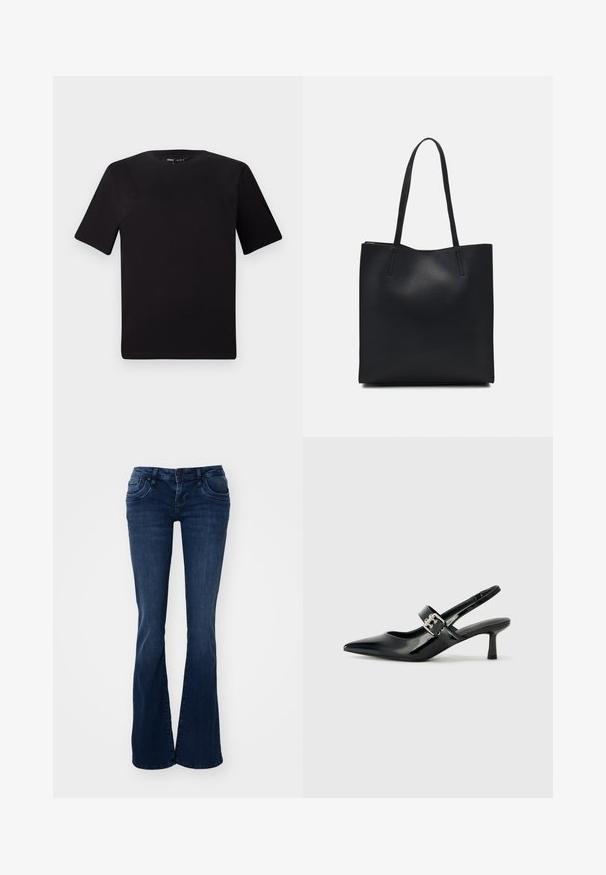 Black short-sleeve t-shirt with a round neckline, crafted from soft cotton fabric. Simple design, no visible logos or patterns.; Dark blue flared jeans made from denim, featuring front pockets, a button closure, and a smooth texture.; Black patent leather slingback heels with a pointed toe and a small block heel, featuring a silver buckle accent on the strap.; Black leather tote bag with smooth texture, rectangular shape, and two long handles. No visible hardware or embellishments.