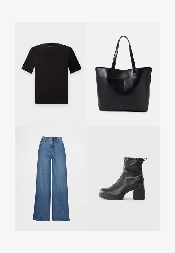 Must olema lühikeste varrukatega must t-särk ümmarguse kaelusega, valmistatud pehmest puuvillast kangast. Lihtne disain, ilma nähtavate logode või mustriteta.; Laiade säärega teksapüksid keskmises sinises toonis, millel on kõrge vöökoht, vööaasad ja nööpidega sulgur. Sile tekstuur väheste õmblustega.; Mustad mustad ansapüksid, mis on valmistatud siledast nahast, külje zipperiga, paksu tekstuuriga kontsaga ja ümmarguse nina disainiga.; Must mustaga musta nahast, millel on kaks pikka kanda, sile tekstuur ja struktureeritud kuju. Esipoolsel on lisakoti jaoks tasku.