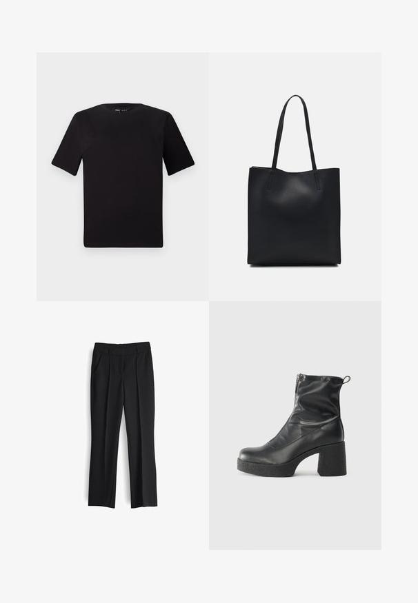 T-shirt nera a maniche corte con scollatura rotonda, realizzata in morbido cotone. Design semplice, senza loghi o motivi visibili.; Pantaloni neri su misura con un design a gamba dritta, pieghe frontali, tasche laterali e una trama di tessuto liscia. Nessuna ferramenta o decorazione visibile.; Stivali neri alla caviglia in pelle liscia, con zip laterale, tacco spesso e texture, e punta arrotondata.; Borsa tote in pelle nera con texture liscia, forma rettangolare e due manici lunghi. Nessun hardware o decorazione visibile.