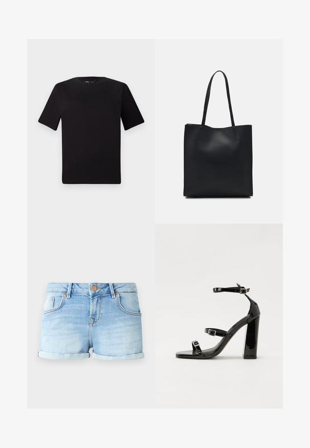 Juodas trumpas rankovės marškinėlis su apvaliu iškirpimu, pagamintas iš minkštos medvilnės medžiagos. Paprastas dizainas, be matomų logotipų ar raštų.; Šviesiai mėlyni džinsiniai šortai su sulenkta apatine dalimi, turintys mygtukų uždarymą, penkių kišenių dizainą ir subtilų nušalimo efektą, suteikiantį tekstūrą.; Juoda blizgi lakuota basutė su kvadratiniu pirštu, kulkšnies dirželiais ir sidabro sagtimis. Yra tvirta blokinė kulno konstrukcija, užtikrinanti stabilumą.; Juodas odinis tote krepšys su lygia tekstūra, stačiakampio formos ir dviem ilgais rankenomis. Matomų metalinių detalių ar puošybos nėra.