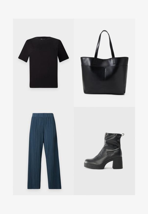 Black short-sleeve t-shirt with a round neckline, crafted from soft cotton fabric. Simple design, no visible logos or patterns.; Wide-leg pleated pants in dark blue. Features an elastic waistband and vertical stripe texture, made from a lightweight fabric.; Black ankle boots made of smooth leather, featuring a side zipper, chunky textured heel, and rounded toe design.; Black leather tote bag with two long handles, a smooth texture, and a structured shape. Features a front pocket for additional storage.