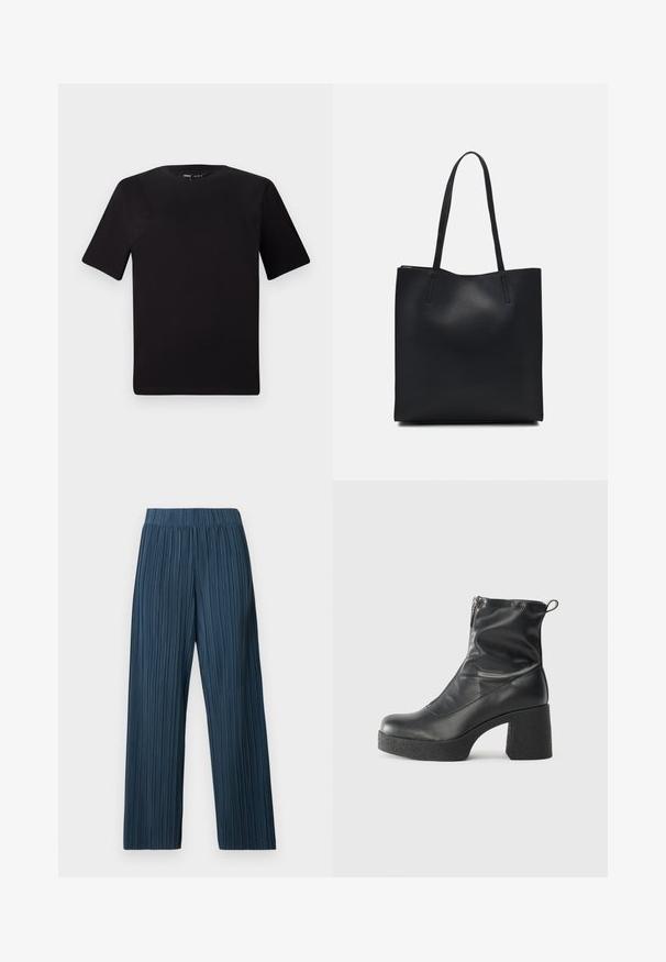 Musta lyhythihainen t-paita pyöreällä kaula-aukolla, valmistettu pehmeästä puuvillakankaasta. Yksinkertainen malli, ei näkyviä logoja tai kuvioita.; Lepaking lebar berlipat warna biru tua. Dilengkapi dengan pinggang elastis dan tekstur garis vertikal, terbuat dari kain ringan.; Mustat nilkkurit, jotka on valmistettu sileästä nahasta. Niissä on sivuvetoketju, paksu teksturoitu korko ja pyöristetty kärki.; Mustapahkainen kangaskassi, jossa on sileä pinta, suorakaiteen muotoinen ja kaksi pitkää kahvaa. Ei näkyvää metalliosaa tai koristeita.