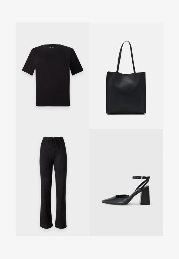 Črna majica s kratkimi rokavi in okroglim izrezom, izdelana iz mehkega bombažnega materiala. Preprost dizajn, brez vidnih logotipov ali vzorcev.; Pieces PCIRIS WIDE - Hlače - black; Črne usnjene klasične čevlje z ostrim nosom, z zaponko za gleženj in debelim peto. Ravna tekstura, eleganten dizajn in minimalistična estetika.; Črna usnjena torba s svilnato teksturo, pravokotne oblike in dvema dolgima ročajema. Brez vidnih metalnih delov ali okrasnih elementov.