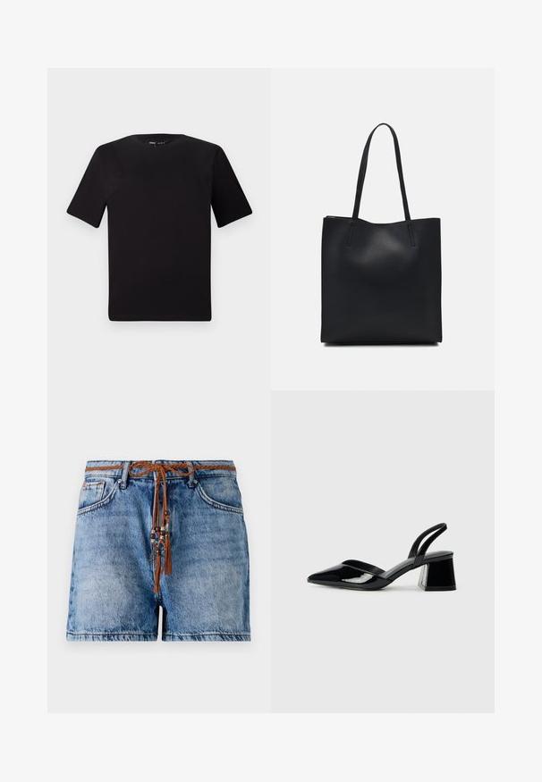 Camiseta negra de manga corta con cuello redondo, fabricada en suave algodón. Diseño simple, sin logos ni patrones visibles.; Pantalones cortos de mezclilla en azul claro con un corte relajado, que cuentan con un cordón trenzado marrón con cuentas decorativas y borlas.; Zapatos de tacón slingback de charol negro con punta afilada y tacón geométrico en bloque. Presentan un diseño elegante y minimalista, así como una textura suave.; Bolso tote de cuero negro con textura lisa, forma rectangular y dos asas largas. Sin herrajes ni adornos visibles.