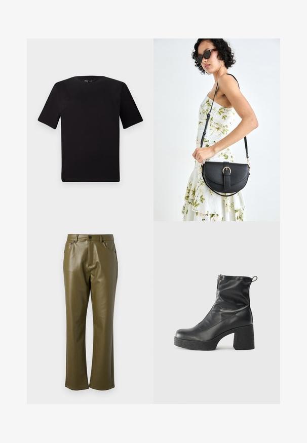 Črna majica s kratkimi rokavi in okroglim izrezom, izdelana iz mehkega bombažnega materiala. Preprost dizajn, brez vidnih logotipov ali vzorcev.; Hlače iz olivno zelene umetne usnjene tkanine s ravnim krojem. Imajo sprednje žepke ter zadrgo in kovinsko gumbasto zapiranje. Gladka struktura.; Črne gležnjarje iz gladke kože z božnim zadrgo, masivnim teksturiranim peto in zaobljeno obliko prstov.; Črna usnjena torbica s ukrivljeno obliko, z odstranljivo naramnico in zlatimi dodatki. Torbica ima pokrov s podrobnostmi v obliki zaponke.