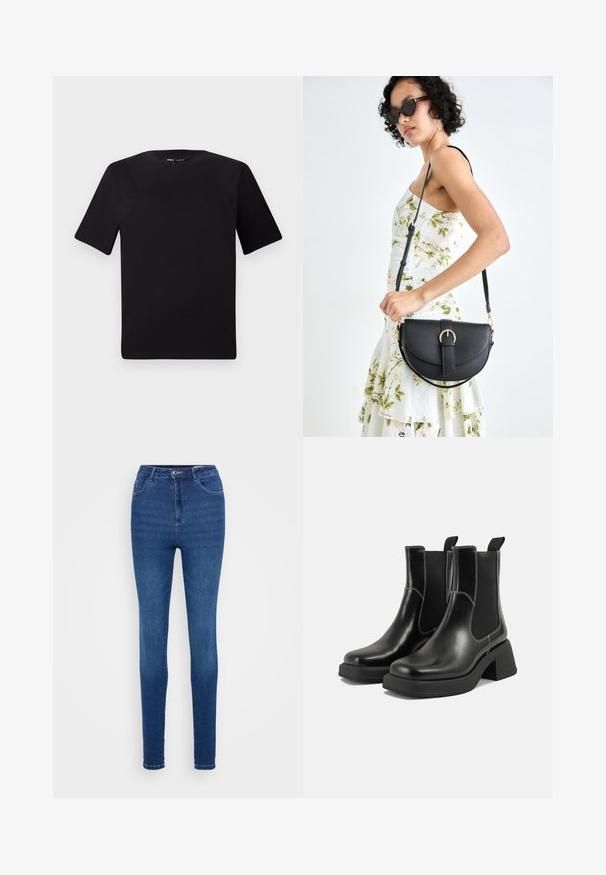 Musta lyhythihainen t-paita pyöreällä kaula-aukolla, valmistettu pehmeästä puuvillakankaasta. Yksinkertainen malli, ei näkyviä logoja tai kuvioita.; Siniset farkut, joissa on kapea istuvuus, korkea vyötärö, vyölenkit ja kaksi etutaskua. Sileä rakenne ja klassinen viisiosainen muotoilu.; Mustat nahkaiset Chelsea-kengät paksulla korolla, joustavilla sivupaneeleilla ja kontrastilla valkoisella ompelulla. Teksturoitu pinta.; Musta nahkainen käsilaukku, joka on kaareva muotoilultaan, irrotettavalla hihnalla ja kultaisilla yksityiskohdilla. Laukussa on läppä, jossa on solk yksityiskohta.