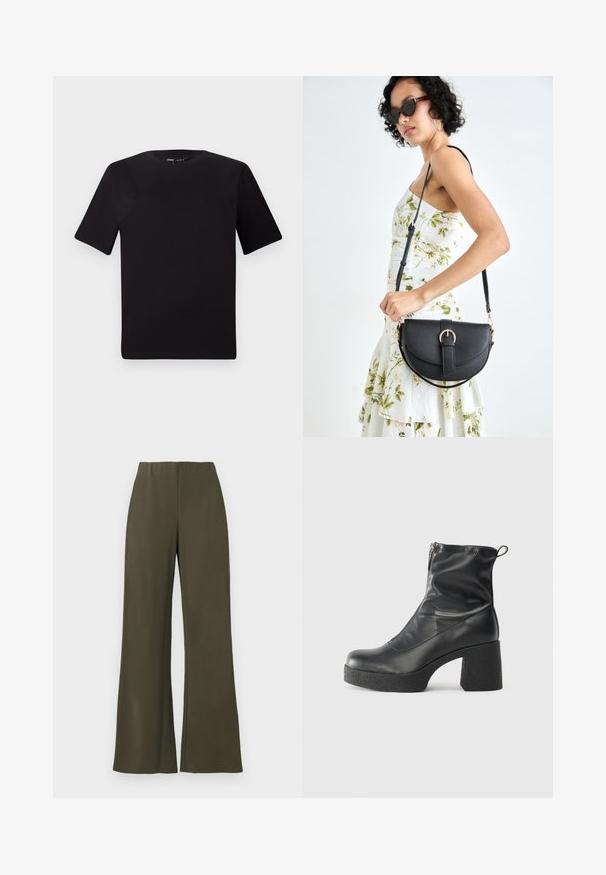 Svart t-skjorte med korte ermer og rund hals, laget av mykt bomullsstoff. Enkelt design, ingen synlige logoer eller mønstre.; Olivenfargede vide bukser med elastisk liv, glatt stoff og ingen lommer, med et rent, minimalistisk design.; Svarte ankelstøvler laget av glatt lær, med glidelås på siden, chunky strukturert hæl, og rund tå-design.; Svart lærveske med en buet form, avtagbar stropp og gullbeslag. Vesken har et klaff med spenne-detall.