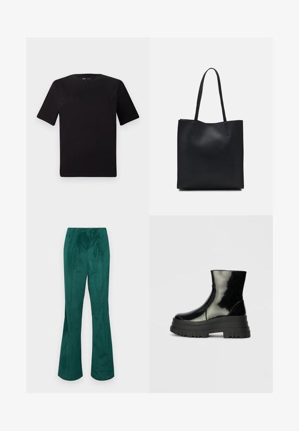 Black short-sleeve t-shirt with a round neckline, crafted from soft cotton fabric. Simple design, no visible logos or patterns.; Green corduroy flared pants with an elastic waistband and vertical ribbed texture. Features a straight fit from waist to hem.; Black glossy ankle boot with thick lug sole and rounded toe, side view on plain light gray background.; Black leather tote bag with smooth texture, rectangular shape, and two long handles. No visible hardware or embellishments.
