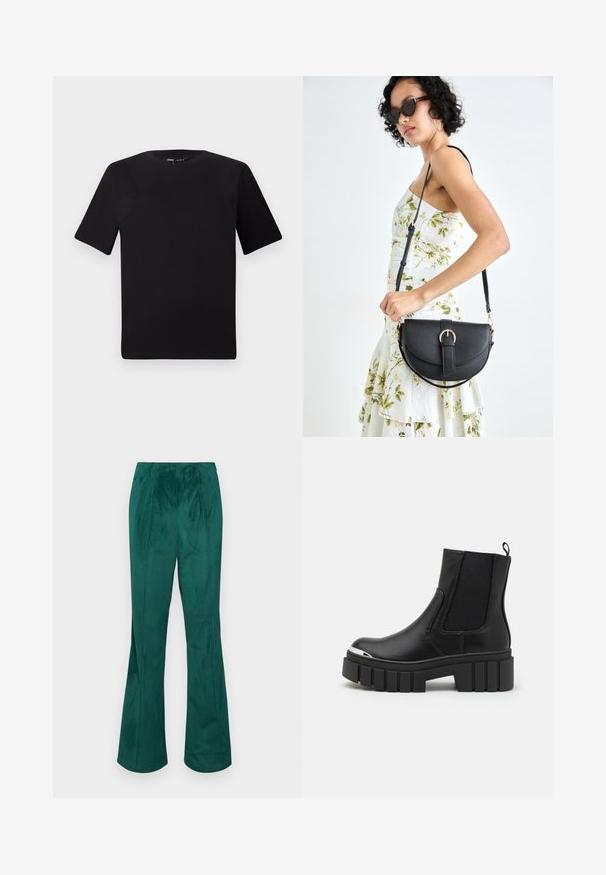 Must olema lühikeste varrukatega must t-särk ümmarguse kaelusega, valmistatud pehmest puuvillast kangast. Lihtne disain, ilma nähtavate logode või mustriteta.; Roheline kõrvitsateks olev flared püksid, millel on elastne vöökoht ja vertikaalne ribatekstuur. Omab sirget sobivust vööst hemmini.; Mustad mustad kingad sileda nahaga, elastsete paneelidega, paksu platvormi tallaga ja metallist varbaga.; Mustmust mustraha kõverate joontega, eemaldatava rihmaga ja kuldsete detailidega. Kotil on klapp, millel on pandladetail.