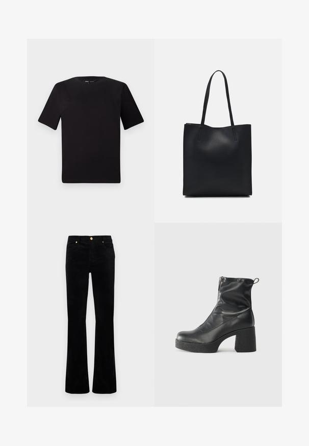 Must olema lühikeste varrukatega must t-särk ümmarguse kaelusega, valmistatud pehmest puuvillast kangast. Lihtne disain, ilma nähtavate logode või mustriteta.; Mustad puuvillasegust kellukakujulised teksad, millel on sile tekstuur, kuldse tooniga riistvara, kaks esiosa taskut ja õmmeldud detailid.; Mustad mustad ansapüksid, mis on valmistatud siledast nahast, külje zipperiga, paksu tekstuuriga kontsaga ja ümmarguse nina disainiga.; Mustast nahast kott sujuva tekstuuriga, ristkülikukujuline ja kahe pika sangaga. Pole nähtavat riistvara ega kaunistusi.