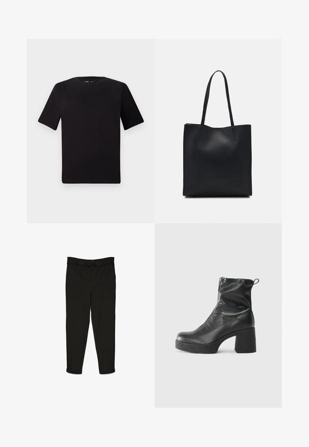 Svart t-skjorte med korte ermer og rund hals, laget av mykt bomullsstoff. Enkelt design, ingen synlige logoer eller mønstre.; Svarte bukser laget av vevd stoff, med rettsnitt, glatt front og mansjetter ved anklene for et strømlinjeformet utseende.; Svarte ankelstøvler laget av glatt lær, med glidelås på siden, chunky strukturert hæl, og rund tå-design.; Svart lær tote bag med glatt tekstur, rektangulær form og to lange håndtak. Ingen synlige deler eller dekorasjoner.