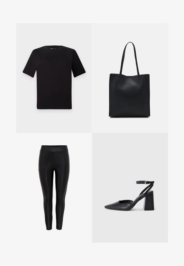 T-shirt noir à manches courtes avec un col rond, fabriqué en coton doux. Design simple, sans logos ni motifs visibles.; Leggings noirs avec une texture lisse et brillante, dotés d'une large ceinture élastique et d'un ajustement slim descendant jusqu'aux chevilles.; Escarpin noir en cuir à bout pointu avec une bride de cheville et un talon épais. Texture lisse, design élégant et esthétique minimaliste.; Sac fourre-tout en cuir noir avec une texture lisse, de forme rectangulaire et deux longues poignées. Pas de matériel ou d'ornementations visibles.