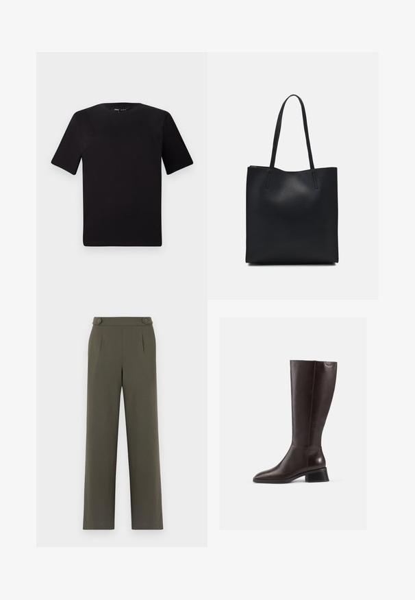 Juodas trumpas rankovės marškinėlis su apvaliu iškirpimu, pagamintas iš minkštos medvilnės medžiagos. Paprastas dizainas, be matomų logotipų ar raštų.; Alyvuogių spalvos kelnės su tiesiu kirpimu, su dviem mygtukais liemens srityje ir priekinių klosčių detale.; Knee-high rudos odinės botai su lygiu paviršiumi, apvaliu pirštu ir juodu aukštu kulnu. Paprastas dizainas su minimaliais detalėmis.; Juodas odinis tote krepšys su lygia tekstūra, stačiakampio formos ir dviem ilgais rankenomis. Matomų metalinių detalių ar puošybos nėra.