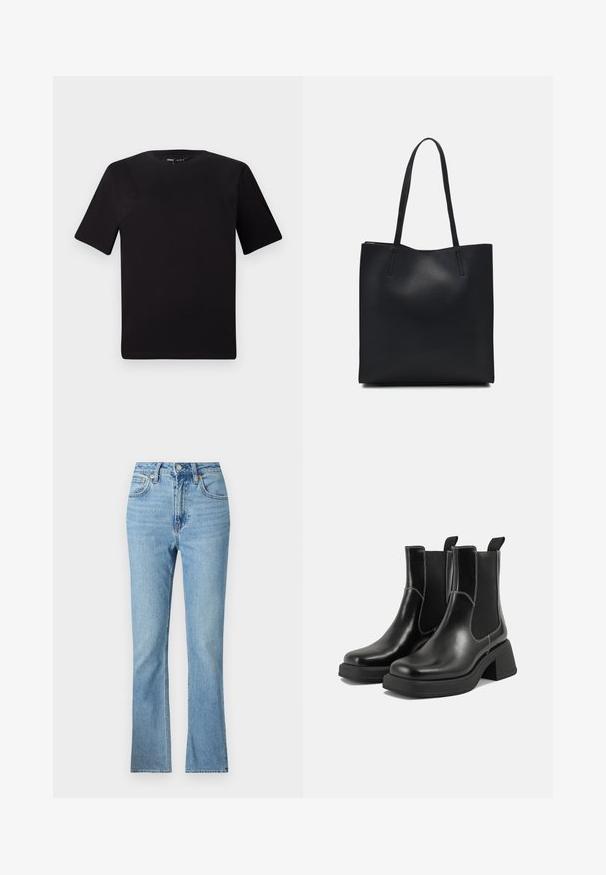 T-shirt preta de mangas curtas com decote redondo, feita de tecido de algodão suave. Design simples, sem logótipos ou padrões visíveis.; Jeans de denim num tom azul claro com um corte alto na cintura, design com pernas largas e estilo clássico de cinco bolsos. Inclui passantes para cinto e costura visível.; Botas Chelsea em couro preto com um salto grosso, painéis laterais elásticos e costura branca em contraste. Acabamento texturizado.; Bolsa tote preta em couro com textura lisa, forma retangular e duas alças longas. Sem hardware ou enfeites visíveis.