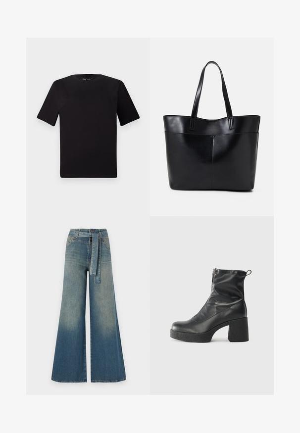 Crna majica kratkih rukava s okruglim izrezom, izrađena od mekane pamučne tkanine. Jednostavan dizajn, bez vidljivih logotipa ili uzoraka.; Široke traperice s gradijentom od svijetloplave do tamnoplave, visokog struka, petljama za remen i remenom od istog materijala. Teksturirana traper tkanina.; Crne gležnjače od glatke kože, s bočnim zatvaračem, debelim teksturiranim potplatom i dizajnom s zaobljenim prstima.; Crna kožna torba s dugim ručkama, glatkom teksturom i strukturiranim oblikom. Ima prednju džep za dodatno pohranu.