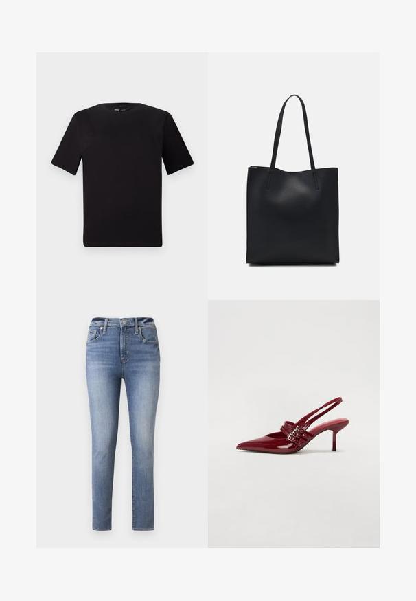 Juodas trumpas rankovės marškinėlis su apvaliu iškirpimu, pagamintas iš minkštos medvilnės medžiagos. Paprastas dizainas, be matomų logotipų ar raštų.; Šviesiai mėlynos aukšto liemens džinsinės kelnes su siauru prigludimu, turinčiomis penkis kišenes ir užtrauktuką, pagamintos iš lygios tekstūros džinsinio audinio.; Raudoni blizgūs odiniai bateliai su atviru kulnu, smailiu nosiu, dviem užsegimais ir plonu, vidutinio aukščio stiletto kulnu. Lygus paviršius.; Juodas odinis tote krepšys su lygia tekstūra, stačiakampio formos ir dviem ilgais rankenomis. Matomų metalinių detalių ar puošybos nėra.