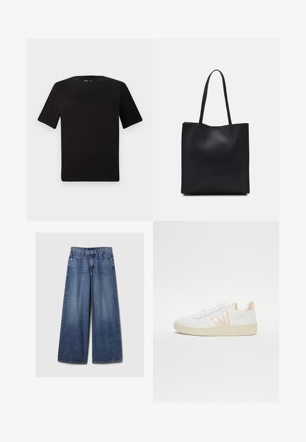 T-shirt preta de mangas curtas com decote redondo, feita de tecido de algodão suave. Design simples, sem logótipos ou padrões visíveis.; Calças de ganga azul de perna larga com um acabamento desbotado, apresentando um fecho de botão e zipper, cinco bolsos e passantes para cinto.; Sapatilhas brancas de cano baixo com textura perfurada, apresentando detalhes em rosa dourado metálico nas laterais e atrás. Sola de borracha.; Bolsa tote preta em couro com textura lisa, forma retangular e duas alças longas. Sem hardware ou enfeites visíveis.