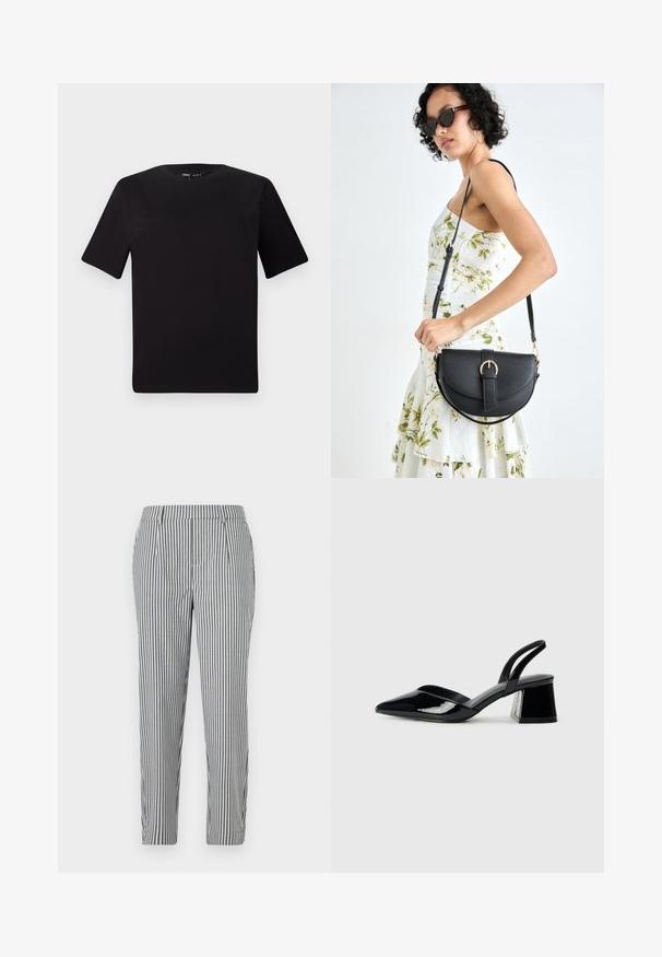 Schwarzes T-Shirt mit kurzen Ärmeln und Rundhalsausschnitt, aus weichem Baumwollmaterial gefertigt. Schlichtes Design, keine sichtbaren Logos oder Muster.; Gestrickte Hose in Grau und Weiß, mit eleganter Passform, Falten und einem glatten Stofffinish. Keine sichtbaren Taschen oder Verzierungen.; Schwarze Lackleder-Slingback-High Heels mit spitzem Schuh und einem geometrischen Blockabsatz. Verfügt über ein schlankes, minimalistisches Design und eine glatte Textur.; Schwarze Lederhandtasche mit geschwungener Form, abnehmbarem Tragegurt und goldenen Beschlägen. Die Tasche verfügt über einen Deckel mit einer Schnallen-Details.