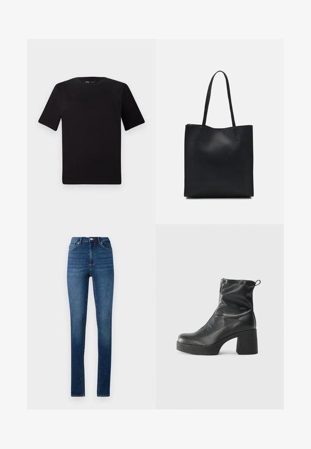 Camiseta negra de manga corta con cuello redondo, fabricada en suave algodón. Diseño simple, sin logos ni patrones visibles.; Vaqueros skinnies de cintura alta en denim azul medio con estilo clásico de cinco bolsillos y cierre de botón.; Botines negros de tobillo, hechos de cuero suave, con cierre lateral, tacón grueso texturizado y diseño de punta redondeada.; Bolso tote de cuero negro con textura lisa, forma rectangular y dos asas largas. Sin herrajes ni adornos visibles.