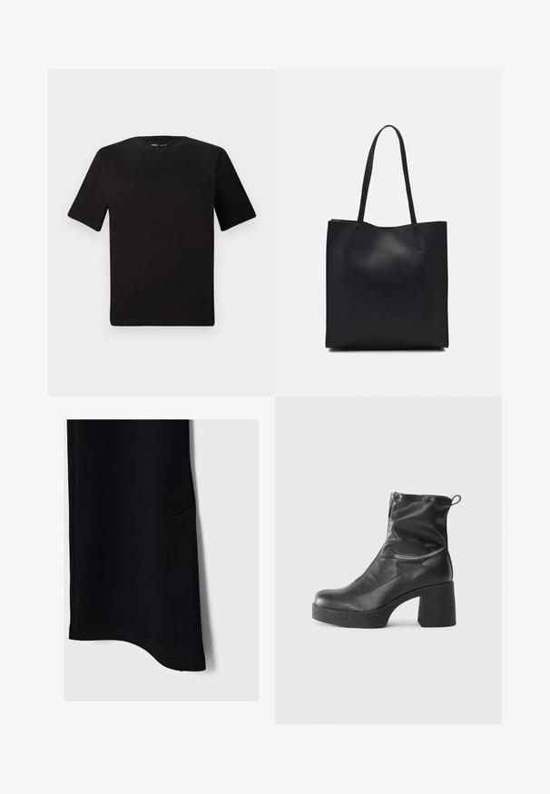 Svart kortärmad t-shirt med rund halsringning, tillverkad i mjukt bomullstyg. Enkelt mönster, utan synliga logotyper eller mönster.; Svarta träningsbyxor med en slät yta, rundad nederkant, sidficka och kontrasterande sömmar, designade för komfort och rörlighet.; Svarta ankelstövlar i slitstark läder, med sidodragkedja, kraftig strukturerad klack och rundad tådesign.; Svart lädertoffelväska med slät textur, rektangulär form och två långa handtag. Ingen synlig hårdvara eller dekorationer.