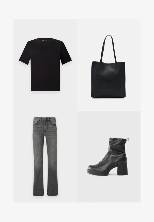 Must olema lühikeste varrukatega must t-särk ümmarguse kaelusega, valmistatud pehmest puuvillast kangast. Lihtne disain, ilma nähtavate logode või mustriteta.; Tumedates denimis kõrge vöökoht ja laienevad teksad, viie tasku ja ühe nööbiga kinnitamine. Sile tekstuur kerge kulumisega.; Mustad mustad ansapüksid, mis on valmistatud siledast nahast, külje zipperiga, paksu tekstuuriga kontsaga ja ümmarguse nina disainiga.; Mustast nahast kott sujuva tekstuuriga, ristkülikukujuline ja kahe pika sangaga. Pole nähtavat riistvara ega kaunistusi.